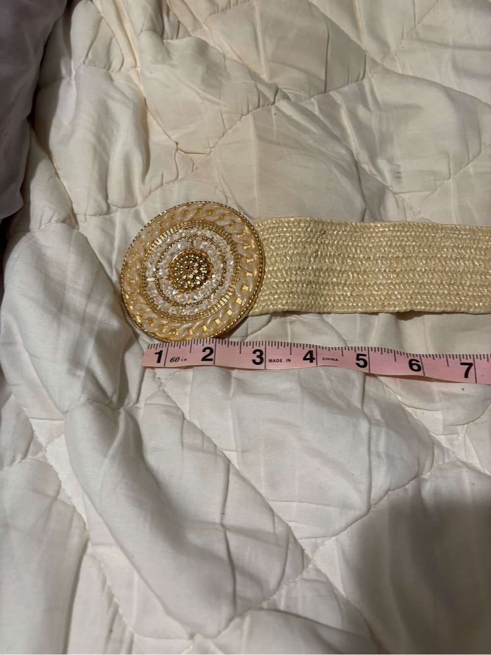 Cream Woven Waist Belt with Gold Decorative Buckle